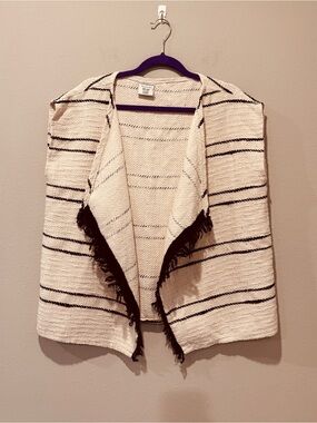 Anna & Ava Cream Black Striped Fringe Open-Front Poncho Cotton Blend Soft Casual